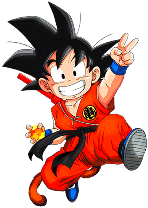 Petit Sangoku heureux en l'air en faisant le signe Peace